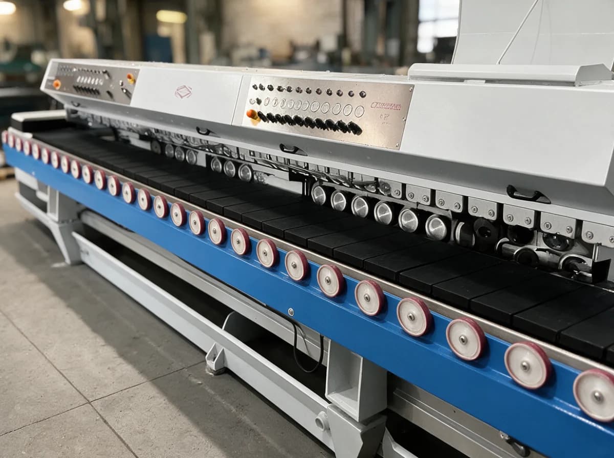 Controls and feed rollers on a countertop edge-polishing machine
