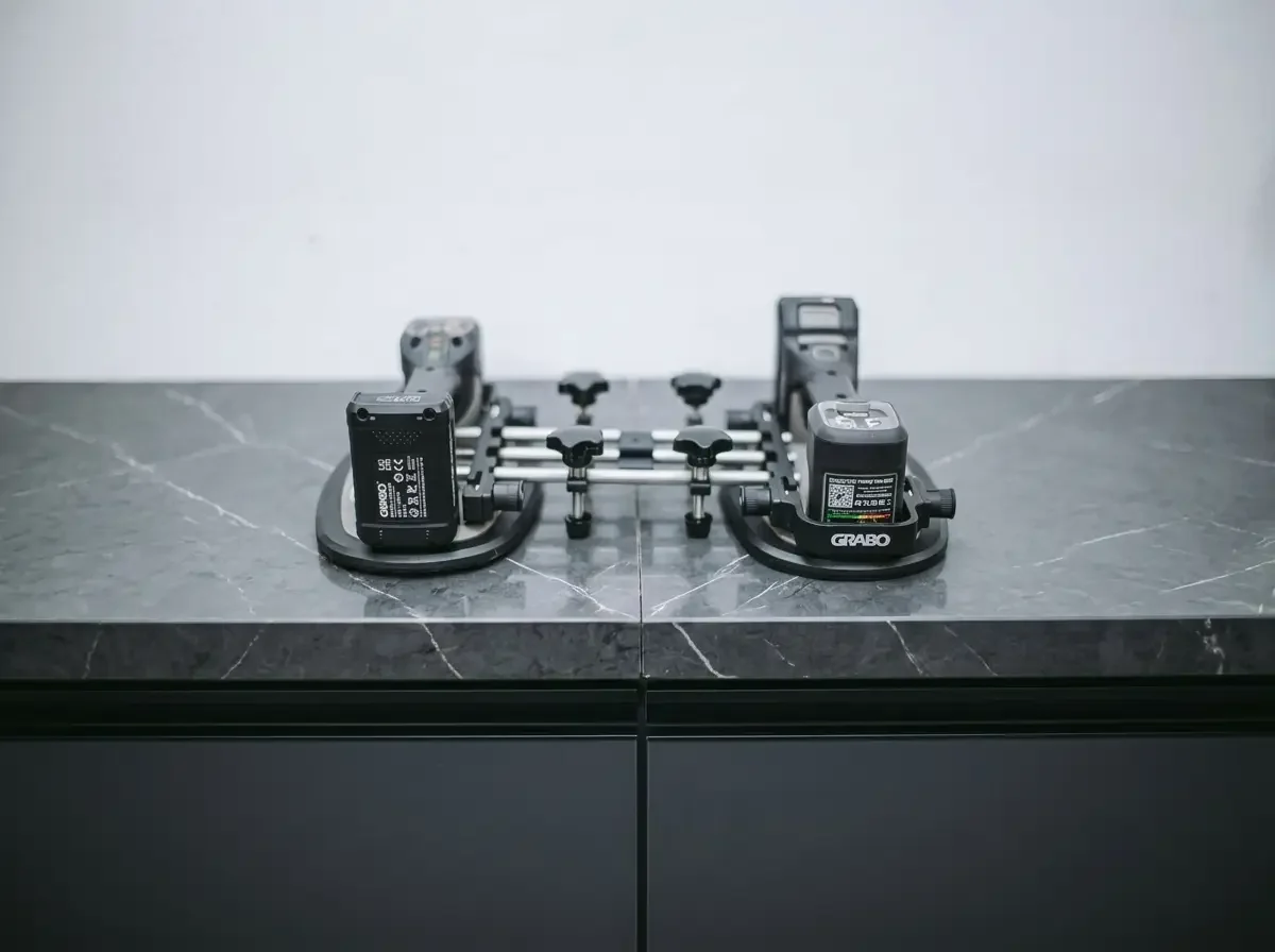 Suction seam-setting tools positioned across a stone countertop joint