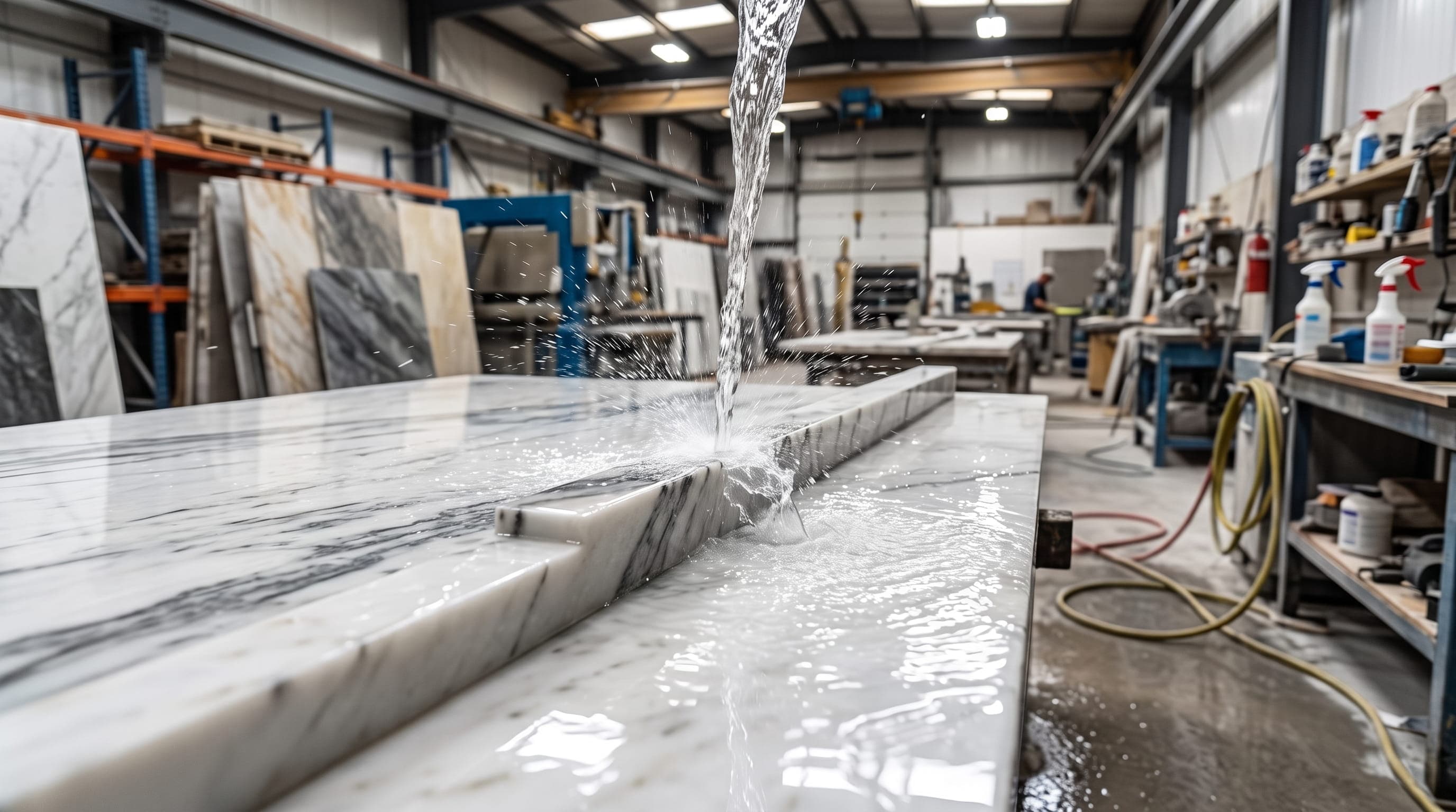 Wet stone countertop pieces in a fabrication shop