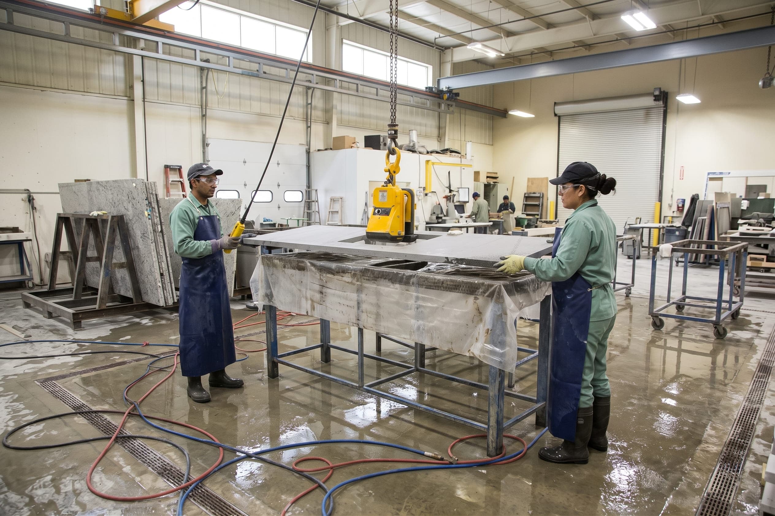 Two stone fabricators working at production tables in a wet countertop shop