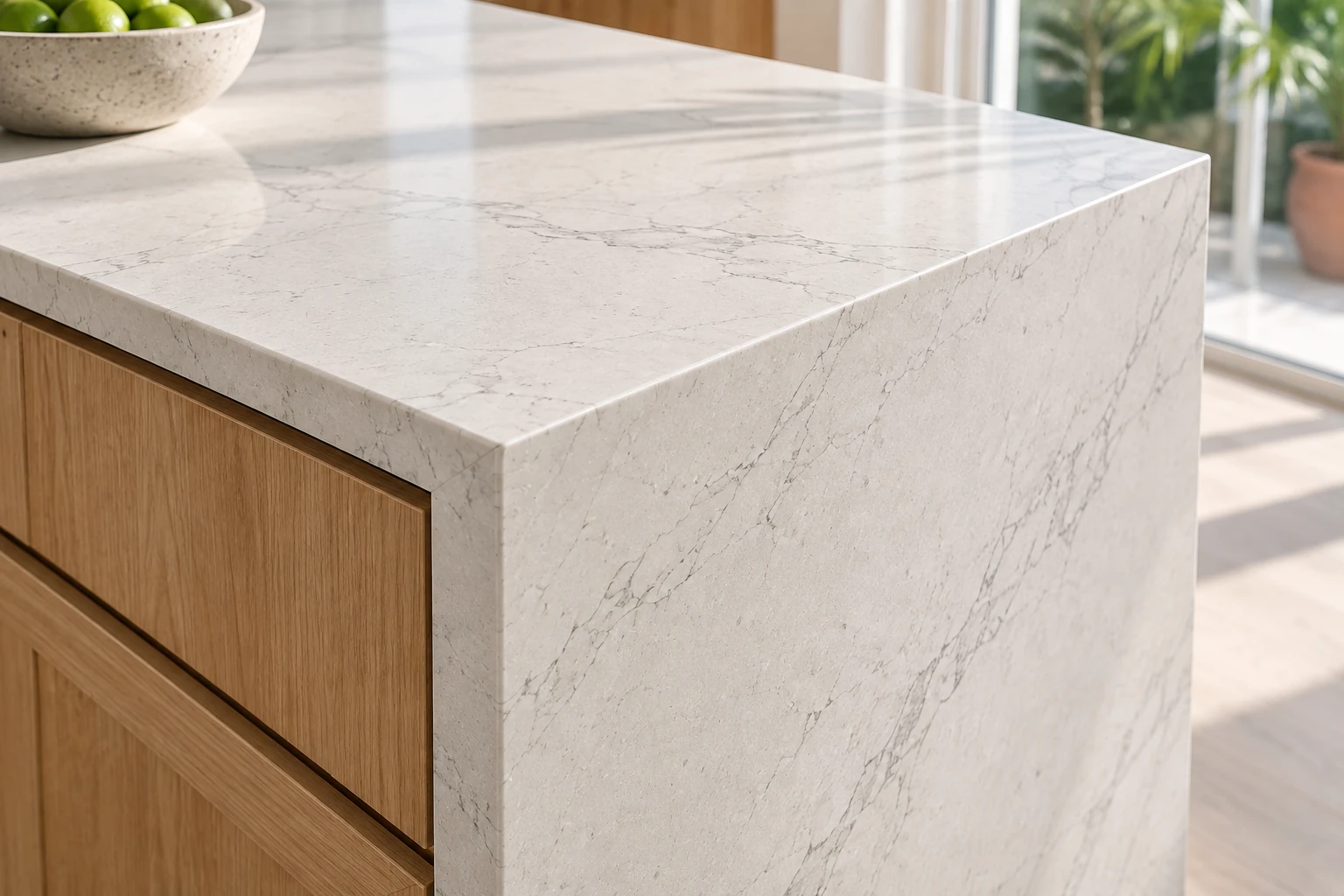 Pale veined stone top meeting a vertical waterfall panel at an eased mitered corner.