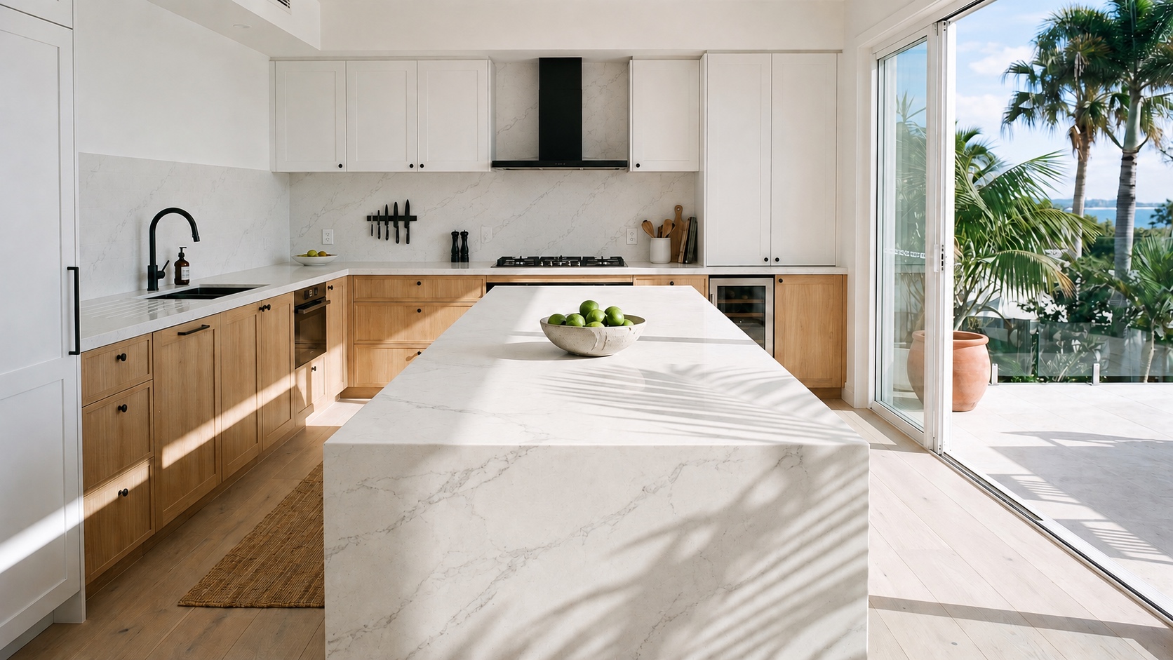 Sunlit teaching kitchen with oak cabinets, a veined waterfall island, full-height stone backsplash, white outlets and drainboard grooves beside a black sink.